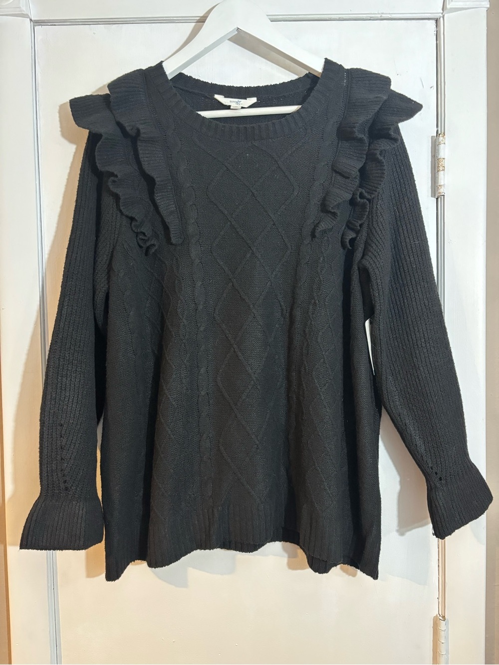 Terra & Sky Black Ruffle Cable Knit Sweater